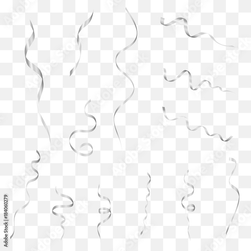 Silver streamers set. Argent curly confetti ribbon. Festive holiday decoration. Vector illustration.