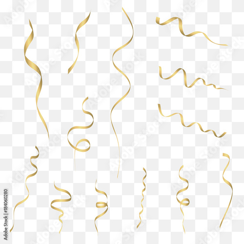 Gold streamers set. Golden curly confetti ribbon. Festive holiday decoration. Vector illustration.