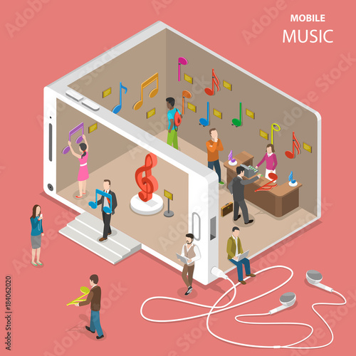 Mobile cloud music service isometric vector. People are going by and inside a musical store with facade looking like a smartphone. There are many musical notes in the store which sybolize music tracks