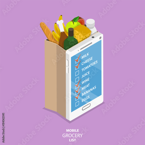 Mobile grocery list flat isometric vector concept. Paper grocery bag with front side looking like smartphone with list of the food to buy.