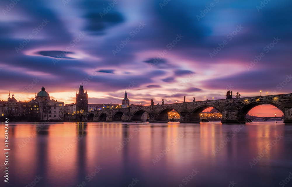 Sunrise over the Charles Bridge in Prague, Czech Republic