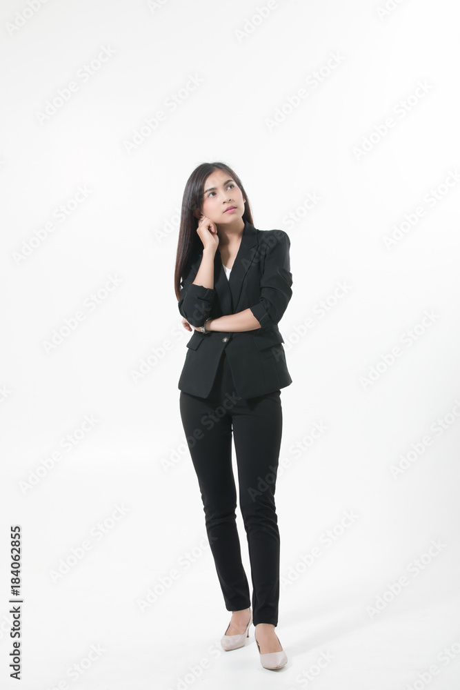 Asian business women are smiling and Thump up hand sign for working happy and Success and winning concep on white background Asian business women are smiling and Thump up hand sign for working happy and Success and winning concep on white background