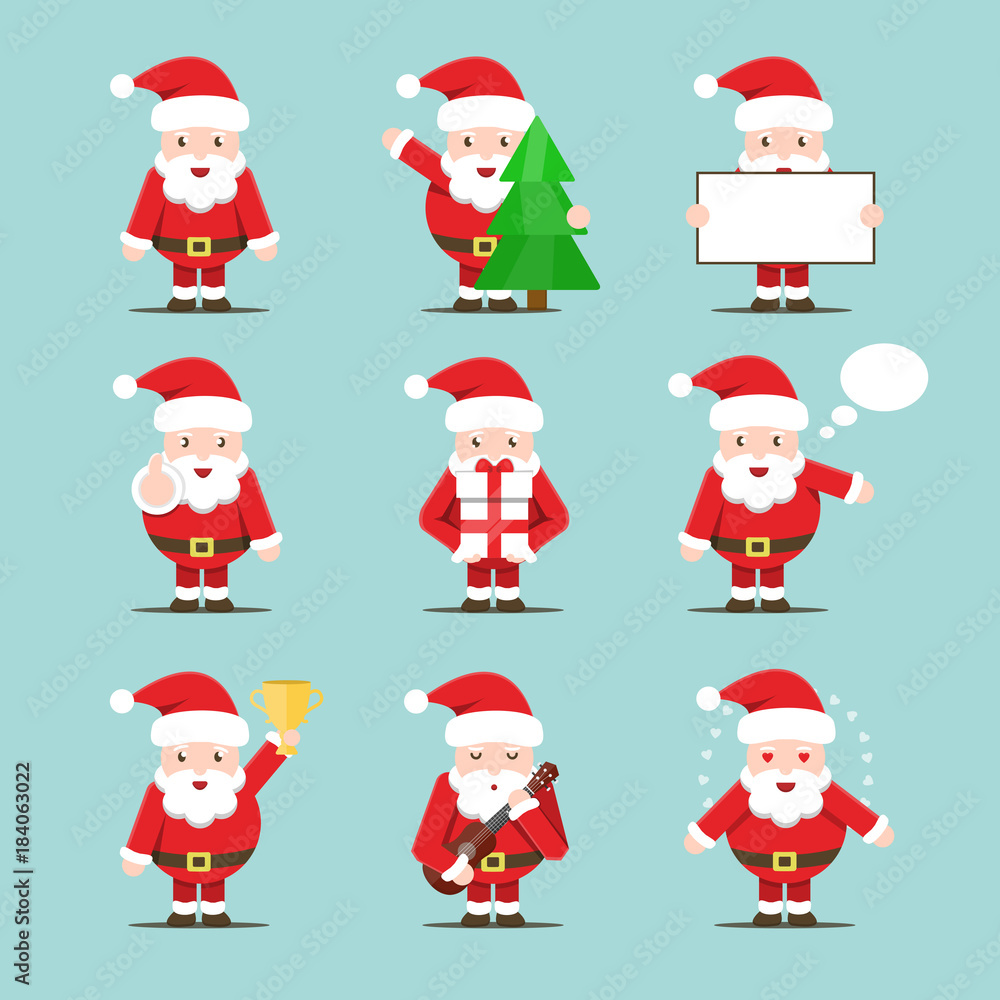 Vector set of cartoon isolated Santa Claus character for decoration and covering on the bright background. Concept of Merry Christmas and Happy New Year. Vector set of cartoon isolated Santa Claus character for decoration and covering on the bright background. Concept of Merry Christmas and Happy New Year.