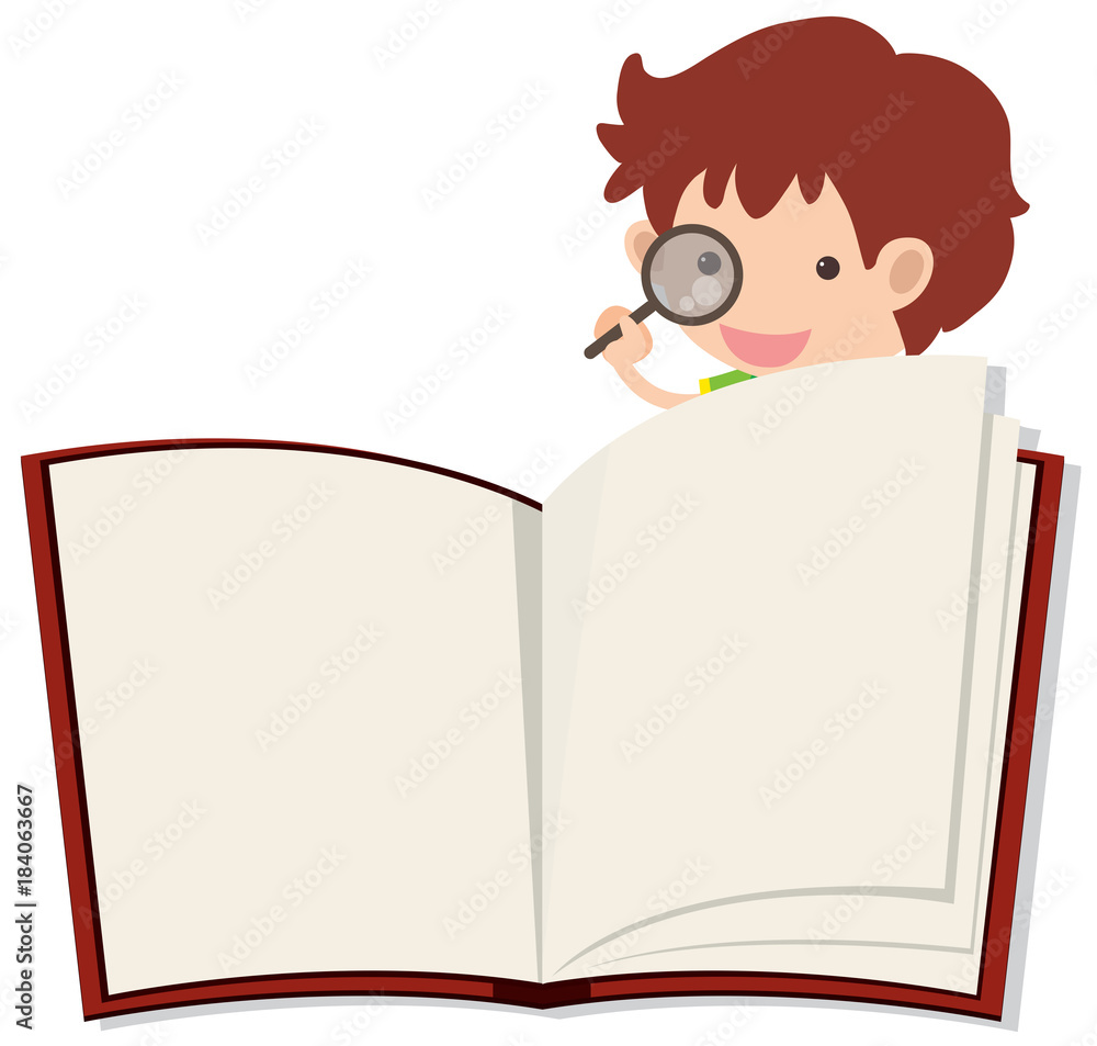 Blank notebook and boy with magnifying glass Blank notebook and boy with magnifying glass