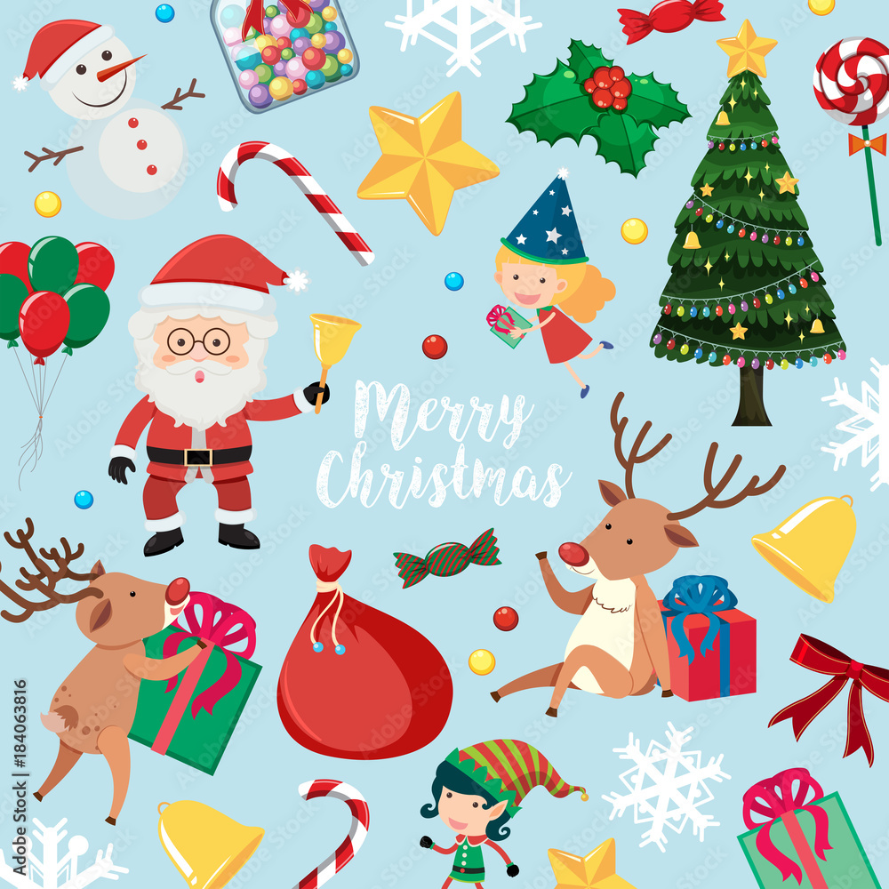 Christmas card with Santa and many items on blue background