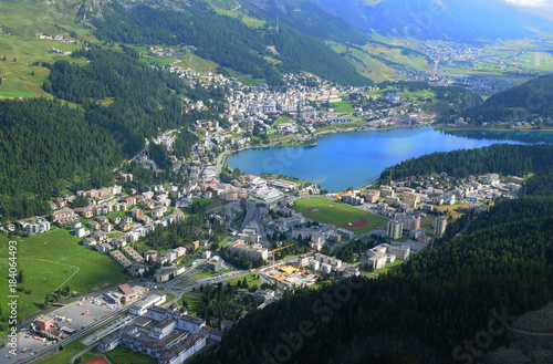 Swiss Alps: Airshot from Lake St. Moritz   Schweizer Alpen: Luftaufnahme von St. Moritz. © gmcphotopress