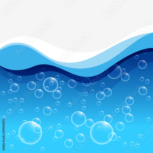 Background template with blue waves and bubbles