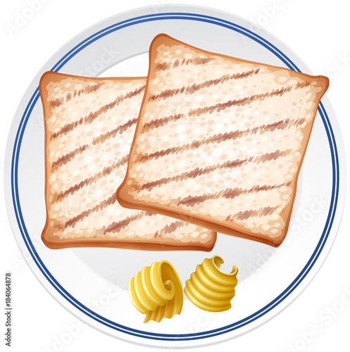 Two toasted and butter on white plate