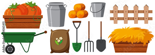 Different gardening equipments on white background