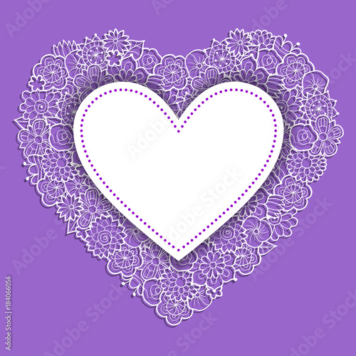 Decorative heart-shaped frame on lilac background with floral ornament. Vector illustration. Design template for Valentine   s day card  wedding invitations