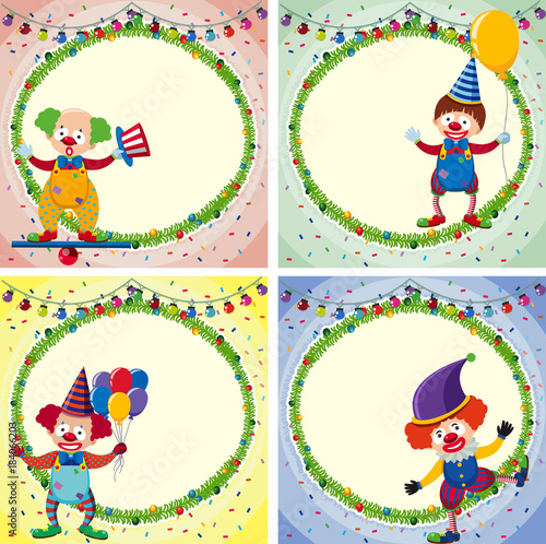 Four border templates with happy clowns and lights