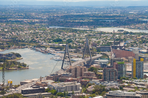 Aerial view of Sydney with Anzac bridge and north suburbs
