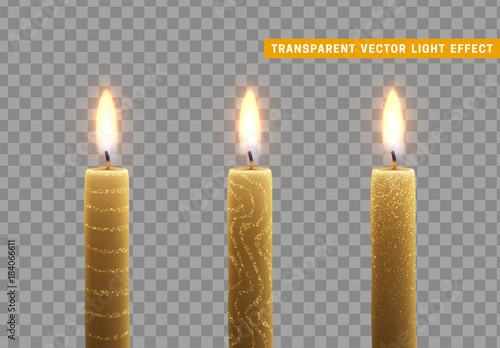 Candles burn with fire. Set of paraffin candles realistic isolated on transparent background. Element for design decor, vector illustration
