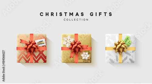 Christmas collection of gift box with bow and ribbon, is packed in funny foil pattern winter.