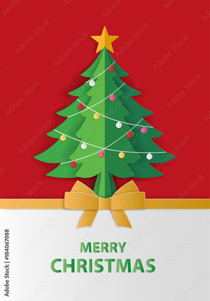Merry Christmas and winter season greeting card. Christmas tree with lighting decoration on red background. Paper art style.