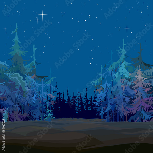 cartoon fairy-tale fir forest starry blue at night