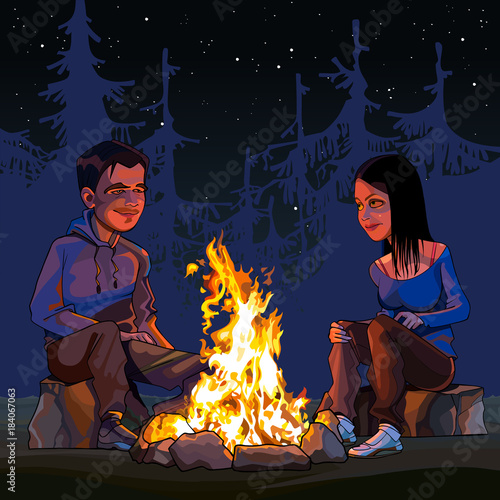 cartoon man and woman sitting by a campfire at night in the woods
