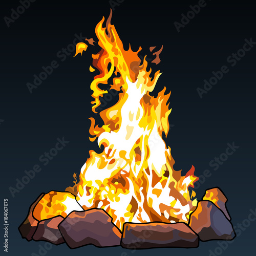 drawn big fire in the stones is on a dark background