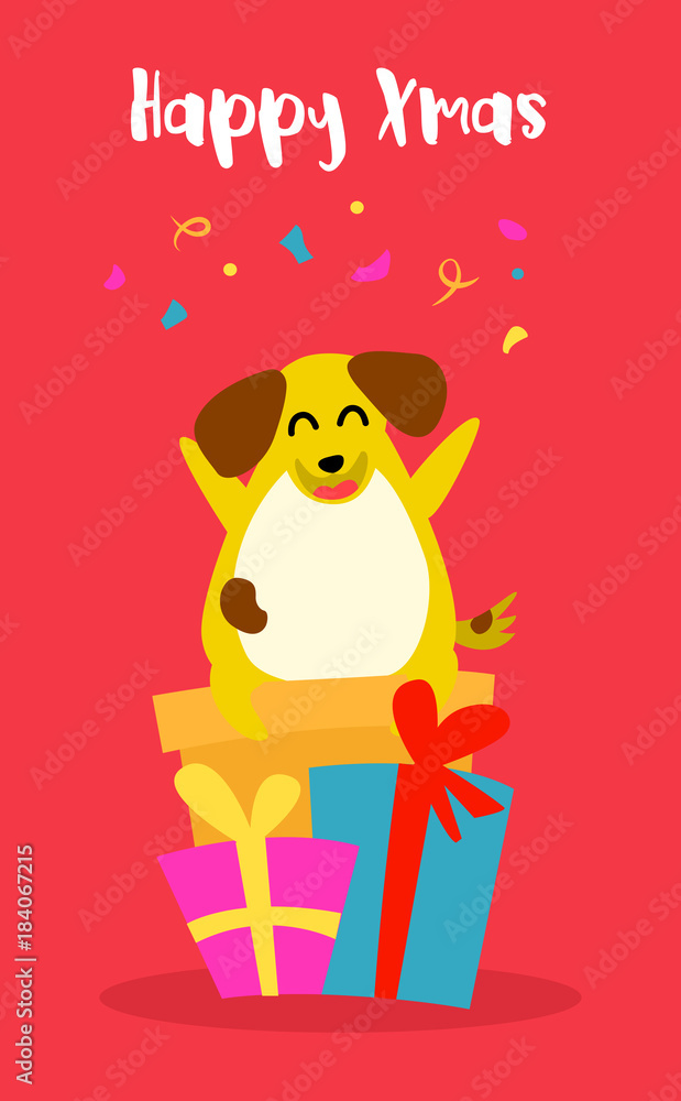 Cartoon yellow dog with gifts and confetti on red background. Flat style. Vector christmas card. Cartoon yellow dog with gifts and confetti on red background. Flat style. Vector christmas card.