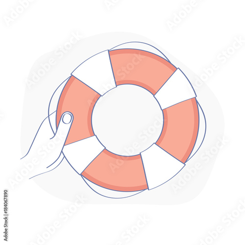 Hand with lifebuoy, Helping to survive. Business Help, Support, Survival, Investment,  To give help to the drowning man, metaphor. Flat layout vector icon concept.