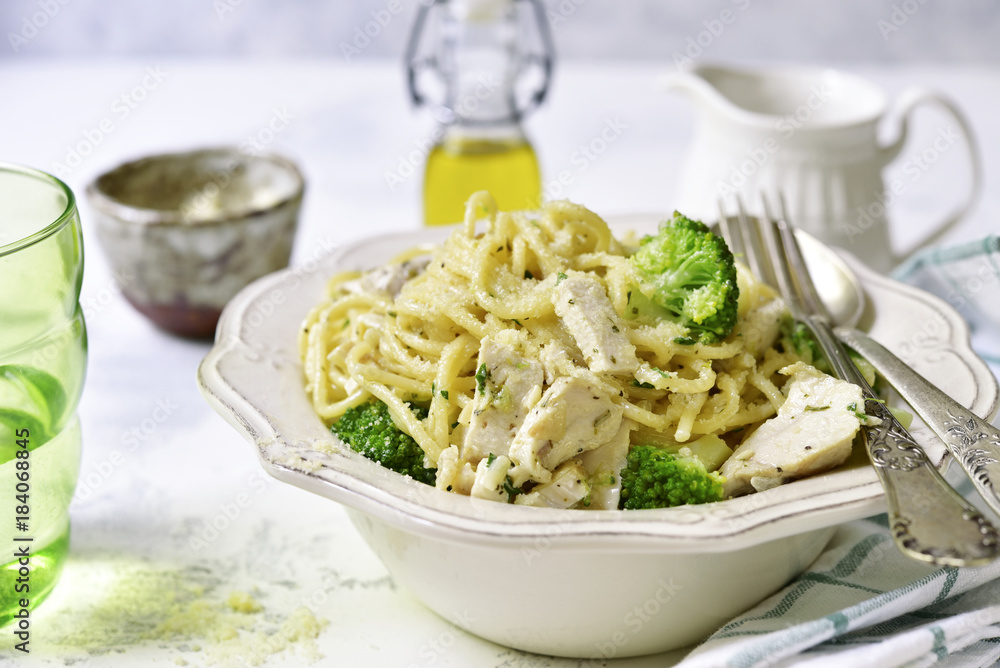 Spaghetti with broccoli,chicken fillet and parmesan.