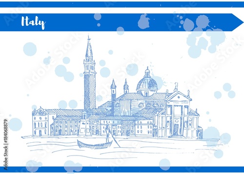 Blue sketch italy venice quay near the river old houses and gond