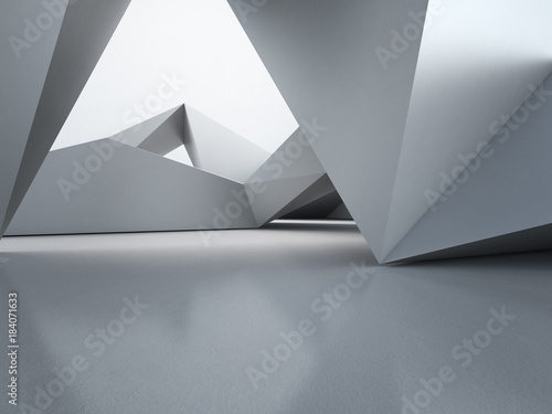 Geometric shapes structure on empty concrete floor with polygonal wall background in hall or modern showroom, Construction technology for future architecture - Abstract interior design 3d illustration