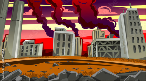 City landscape with smoking chimneys of plants