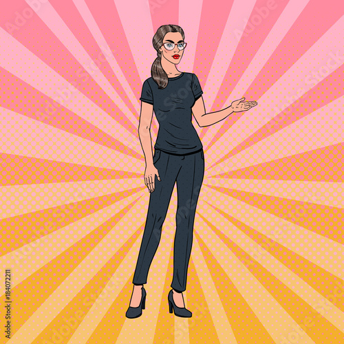 Pop Art Beautiful Business Woman Showing on Blank Area Advertising Product. Vector illustration