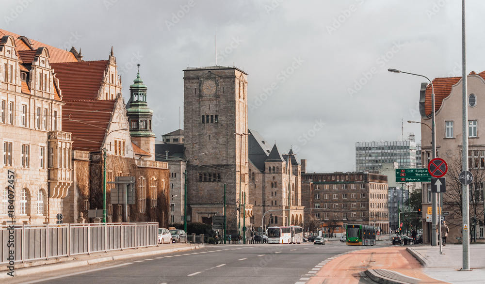 Summer cityscape of (Poznań) Poznan, Poland. Imperial castle at Święty Marcin street