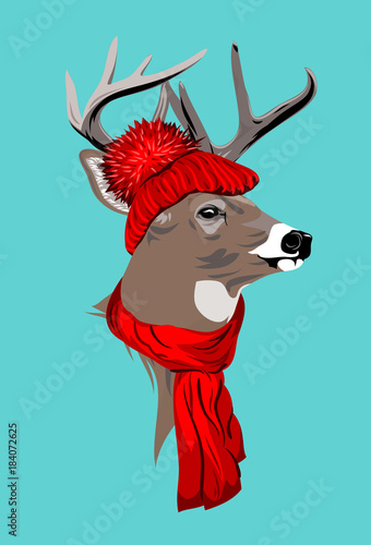 horned deer,, in a knitted red hat with a pompon and scarf