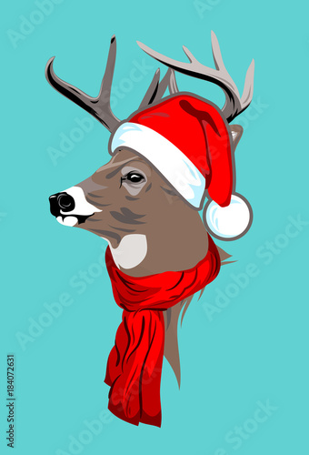 horned deer,, in a Santa's Cap with a pompon and scarf