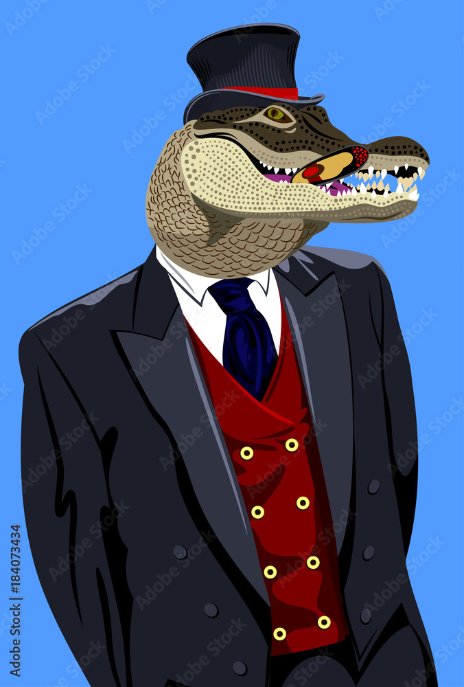 Portrait of the Alligator (crocodile) in a hat with a cylinder and with a  cigar in his teeth Stock Vector | Adobe Stock