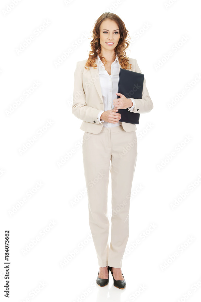 Happy businesswoman with clipboard. Happy businesswoman with clipboard.