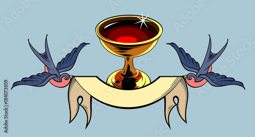The Holy Grail, Swallows carrying a banner. Old school tattoo style