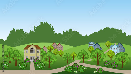 Village summer landscape scene.