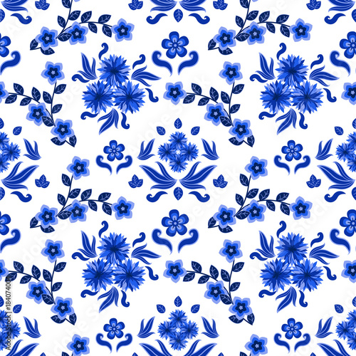 Decorative floral pattern ornate with traditional blue on white ornament in Russian style Gzhe