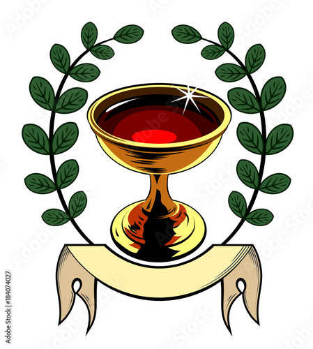 The Holy Grail, with laurel branch and banner