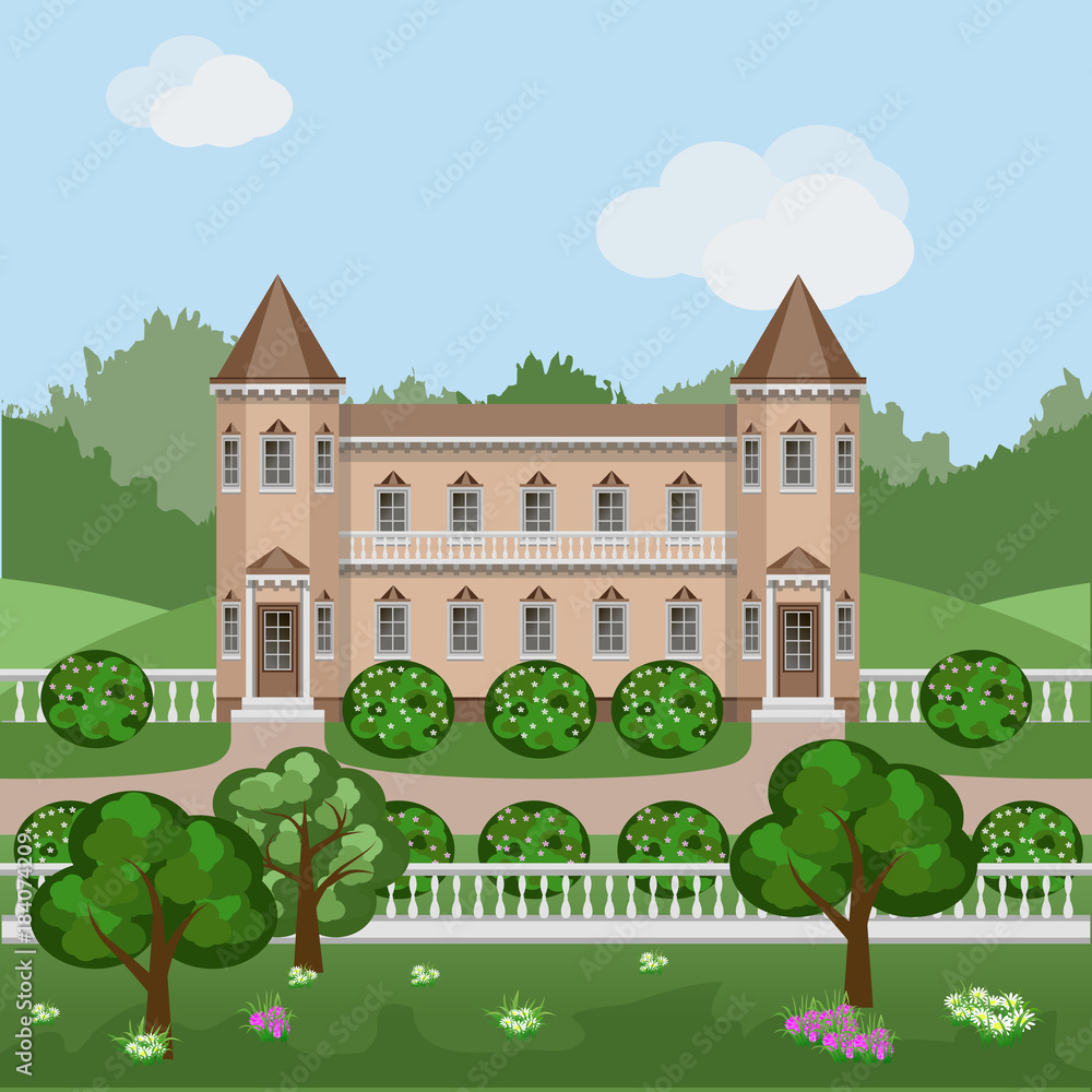 Cartoon fairy tale castle in summer landscape