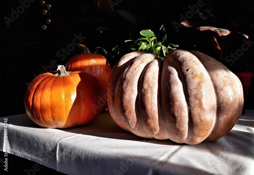 Three pumpkins on the table. Caravaggio style photo
