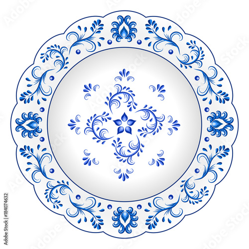 Decorative porcelain plate ornate with blue floral ornament pattern in traditional Russian style Gzhel