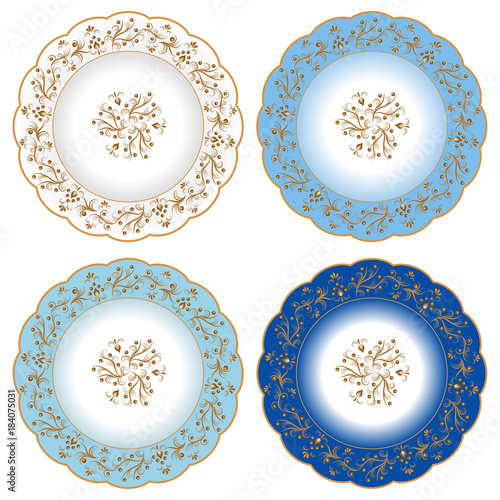 Set of decorative porcelain plates ornate with oriental golden vintage pattern