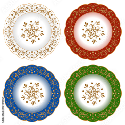 Set of decorative porcelain plates ornate with oriental golden vintage pattern.
