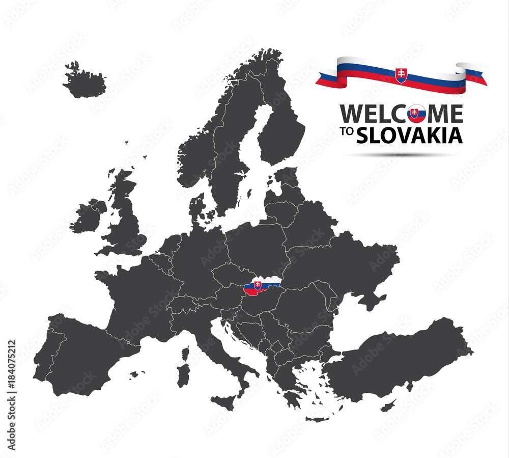 Vector illustration of a map of Europe with the state of Slovakia in the appearance of the Slovak flag and French ribbon isolated on a white background