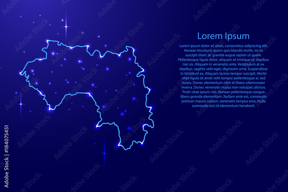 Map Guinea from the contours network blue, luminous space stars for banner, poster, greeting card, of vector illustration
