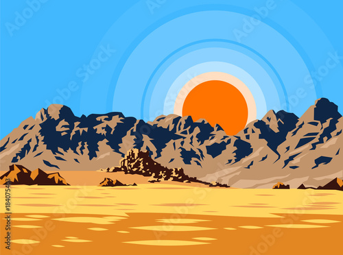 Desert landscape with mountains and sun