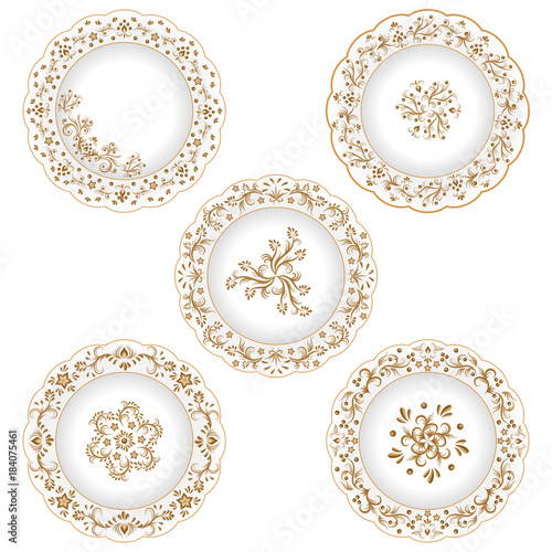 Set of decorative porcelain plates ornate with oriental golden vintage pattern