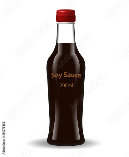 Soy sauce in a glass bottle. 3d realistic style. Asian cuisine. Isolated on white background. Mock-up for your product design. Vector illustration