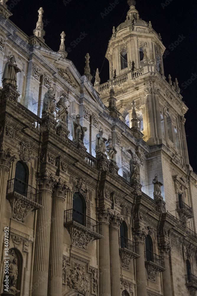Night image of european Jaen Cathedral in Andalusia with ambient light