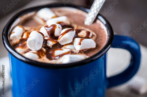 hot chocolate with little marshmallows in metal circles for mescaline